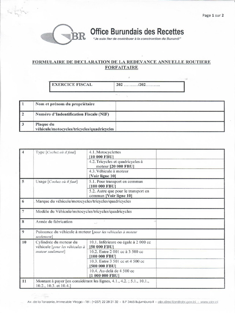Formulaire de Declaration de La Redevance Annuelle Routière Forfaitaire ...