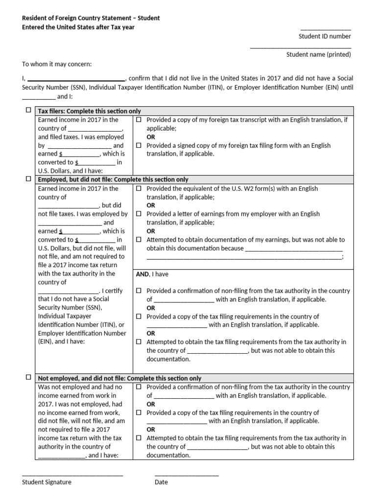 2017 Resident of Foreign Country Tax Statement - Student | PDF ...