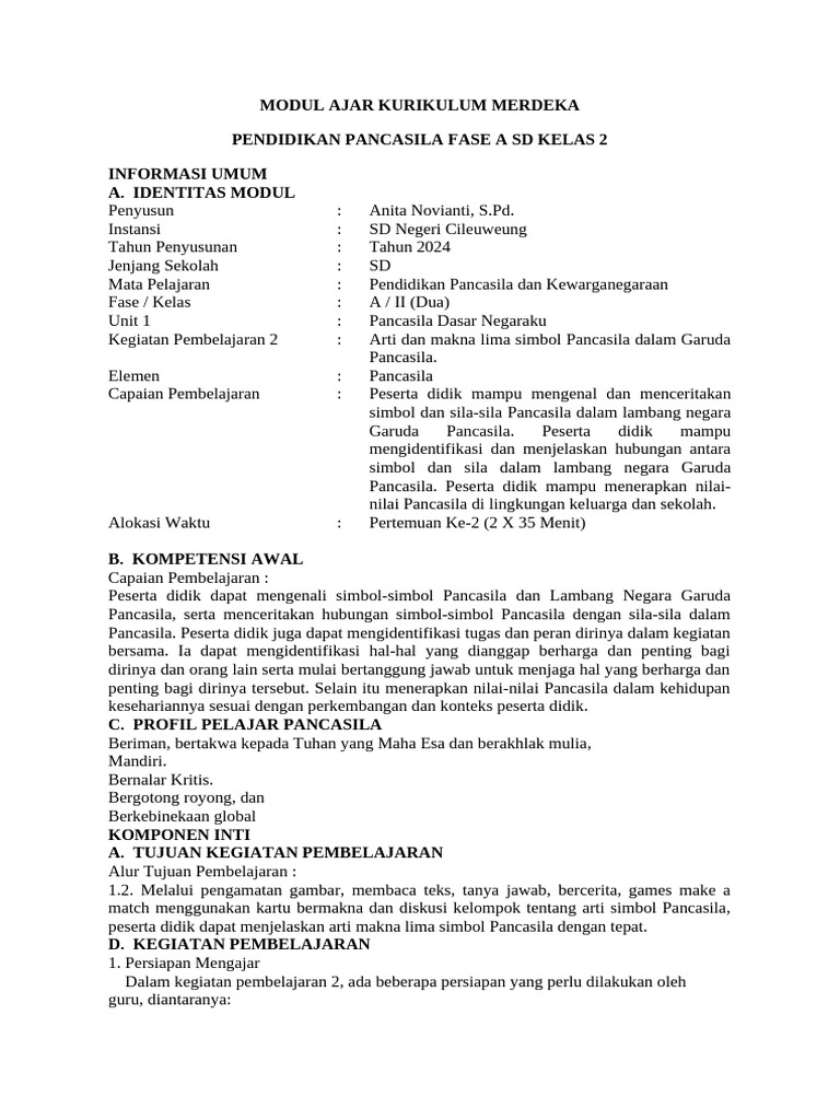 Modul Ajar Pendidikan Pancasila Kelas 2 | PDF