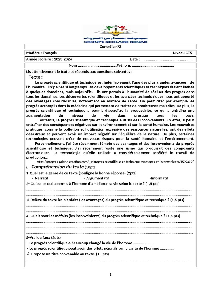 Contrôle de Français N°2 CE6 (2022-2023 | PDF