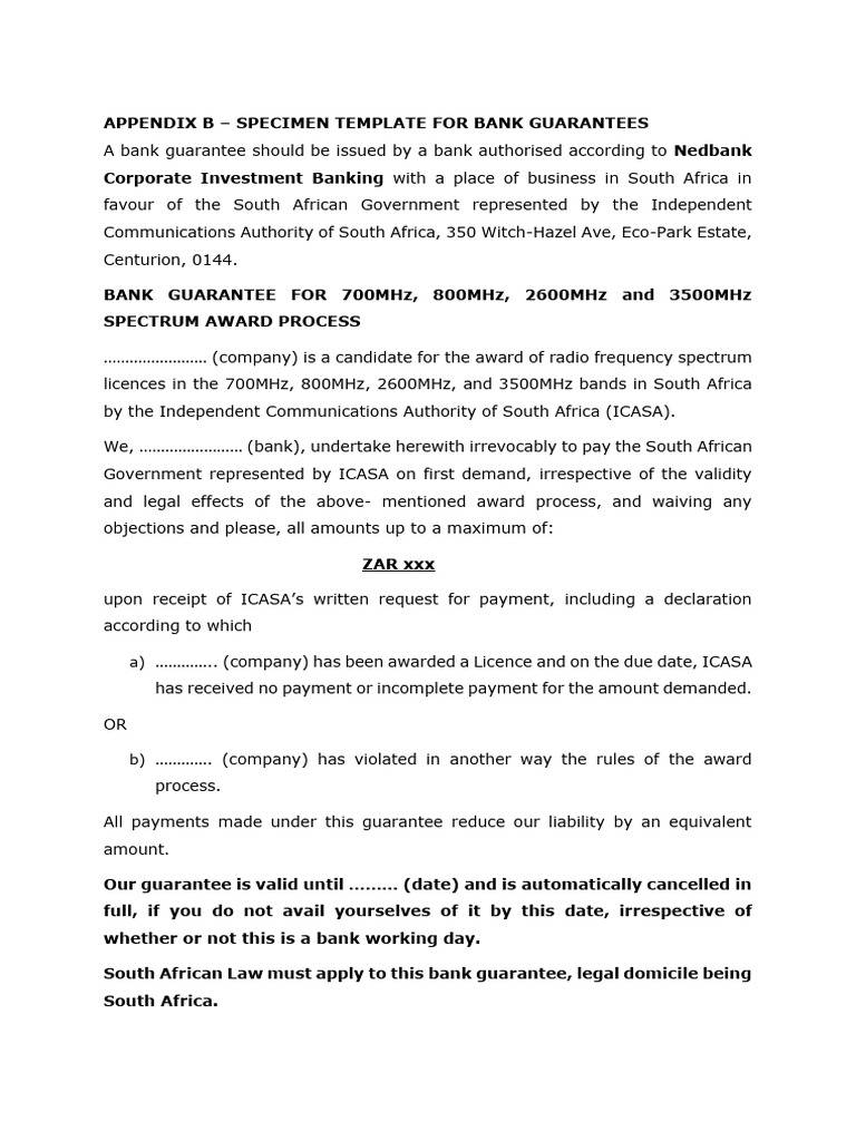 Appendix B Specimen Template For Bank Guarantees | PDF