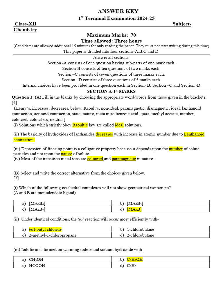 Xii Chemistry 1ST Term Answer Key 2024-F | PDF