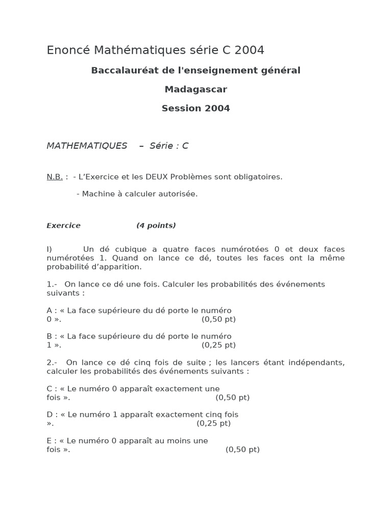 Énoncé Mathématiques Bac Série C 2004 | PDF | Triangle | Méthodes et ...