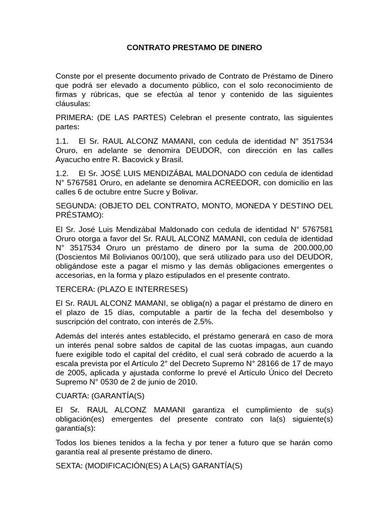 Contrato Prestamo de Dinero | PDF