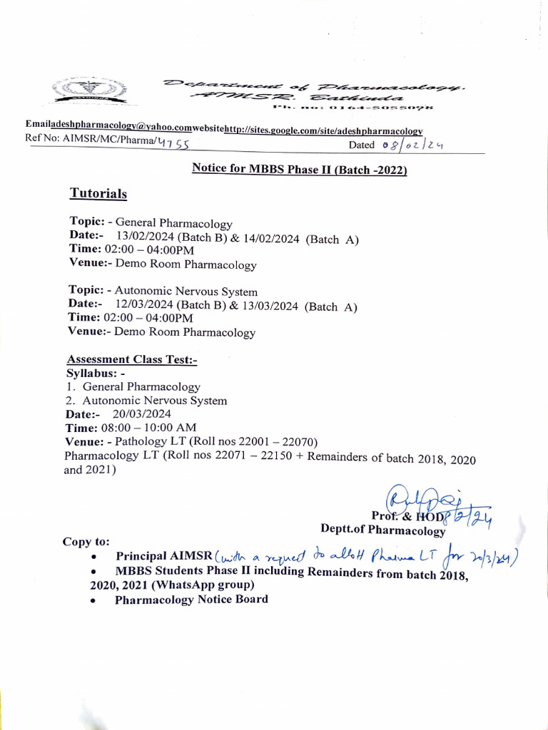 Notice For MBBS Phase II Turoial and Class Test | PDF