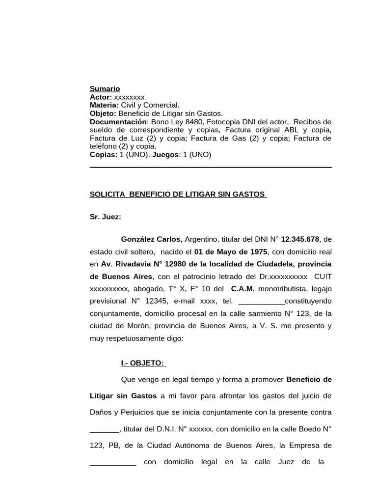 BENEFICIO DE LITIGAR SIN GASTOS - Modelo | PDF