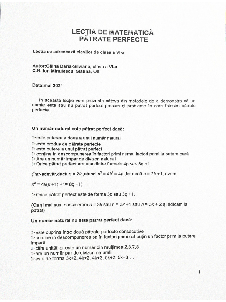 Pătrate Perfecte Teorie | PDF