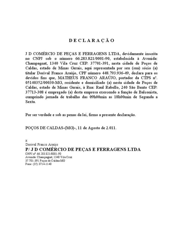 Modelo De Declaração Para Menor Aprendiz Vários Modelos