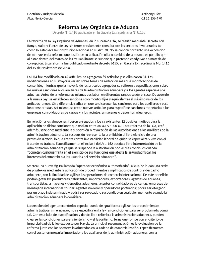 Reforma ley Organica de Aduana | PDF
