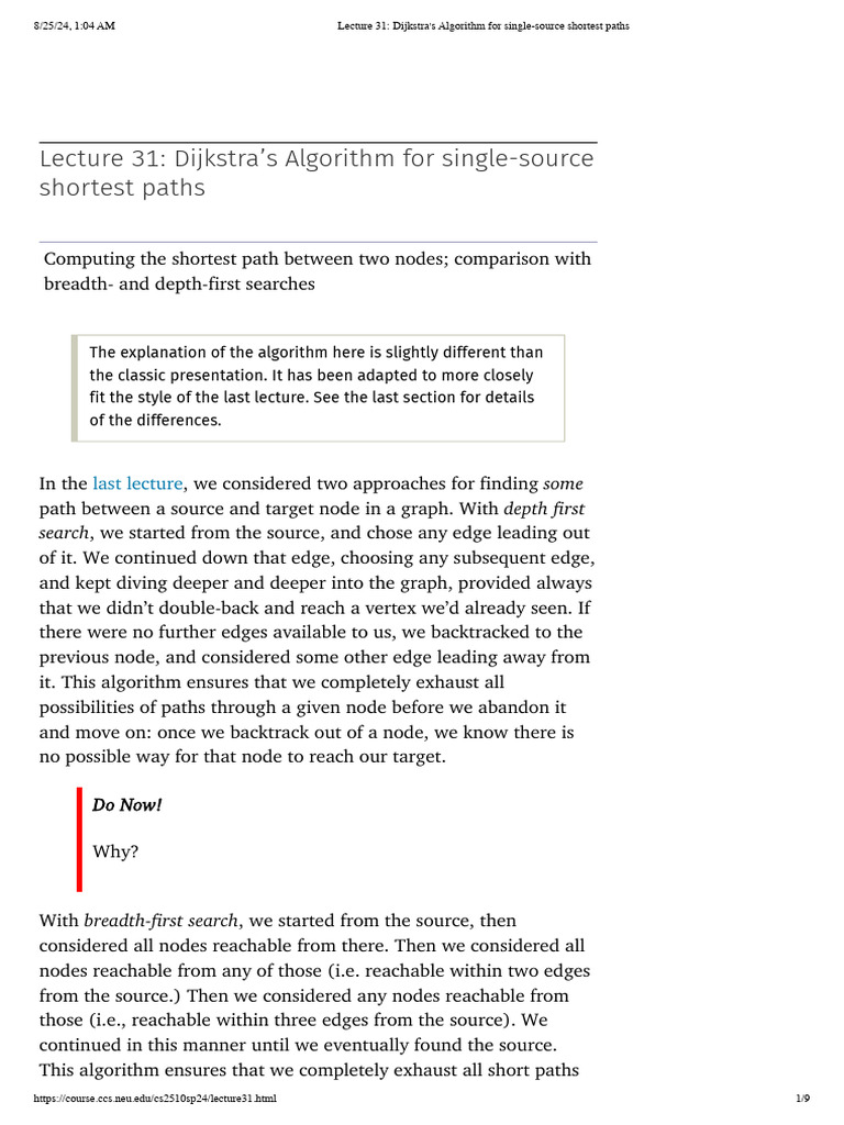 Lecture 31 - Dijkstra's Algorithm For Single-Source Shortest Paths | PDF