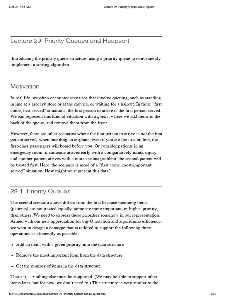 Lecture 29 - Priority Queues and Heapsort1 | PDF