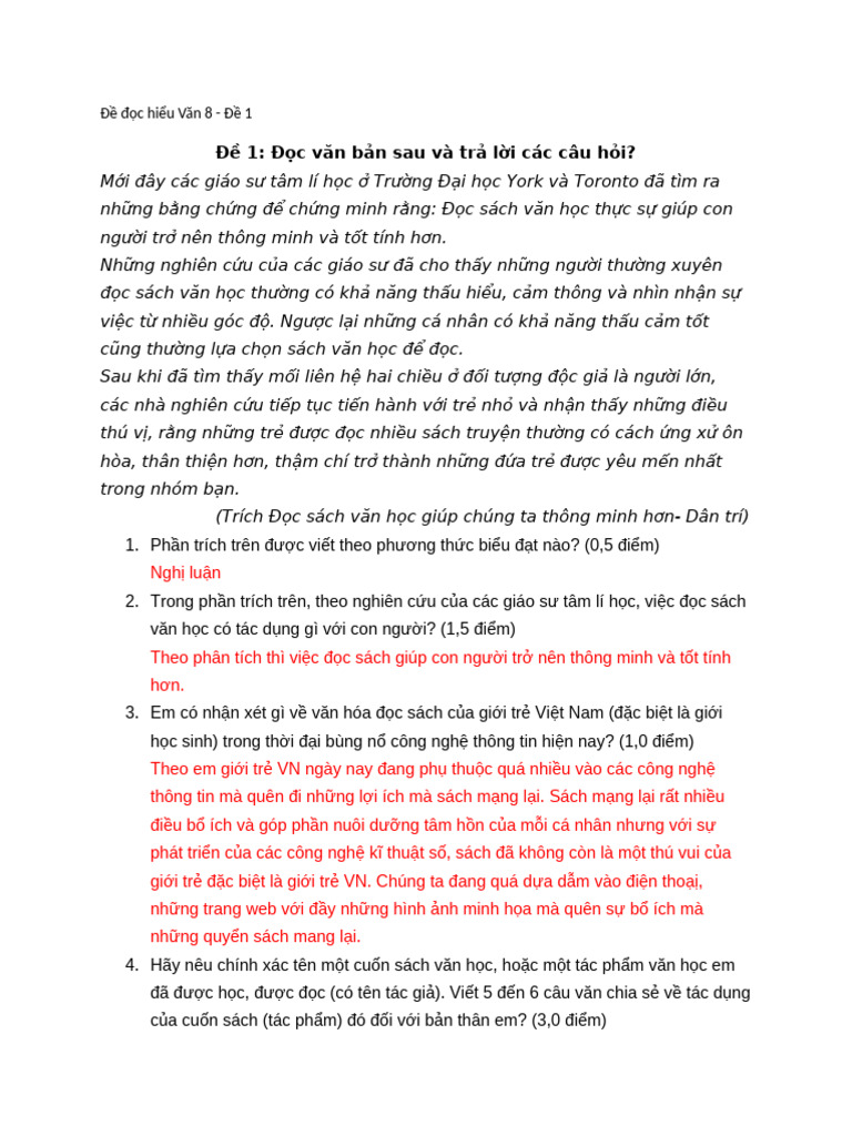 Đề đọc hiểu Văn 8 | PDF