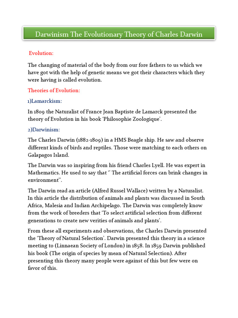 Darwinism The Evolutionary Theory of Charles Darwin | PDF