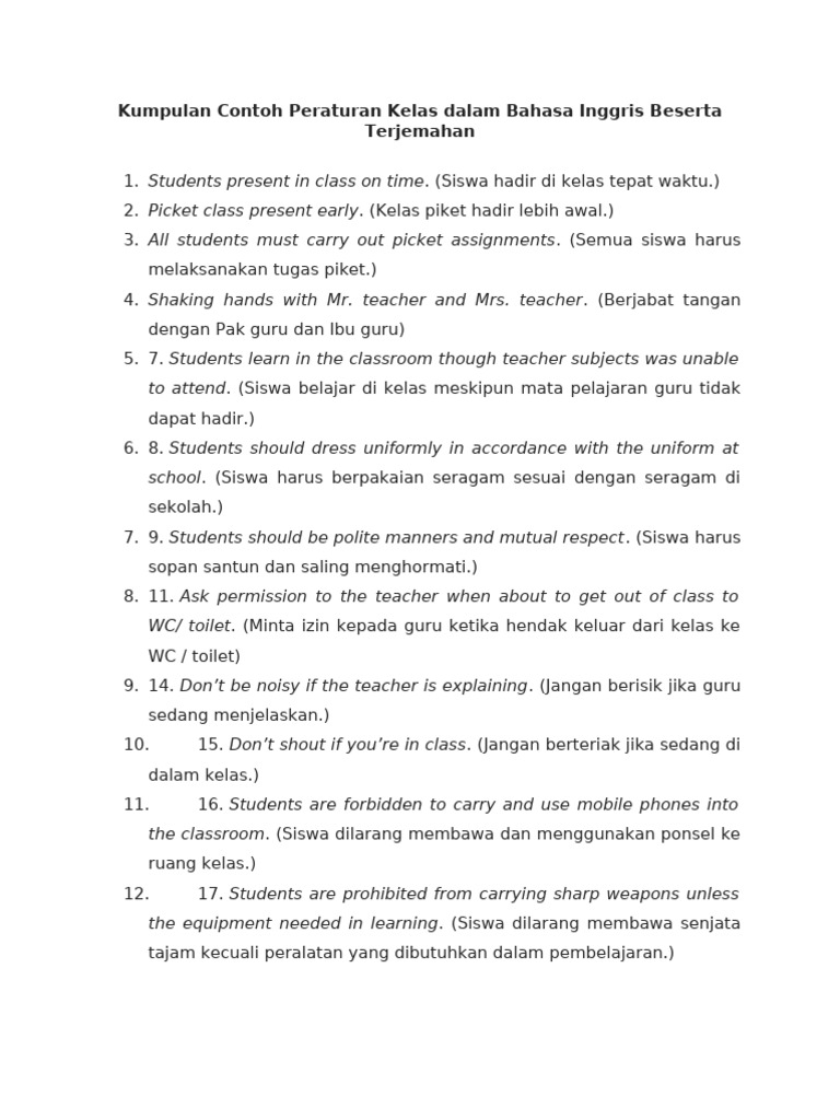 Kumpulan Contoh Peraturan Kelas dalam Bahasa Inggris Beserta Terjemahan