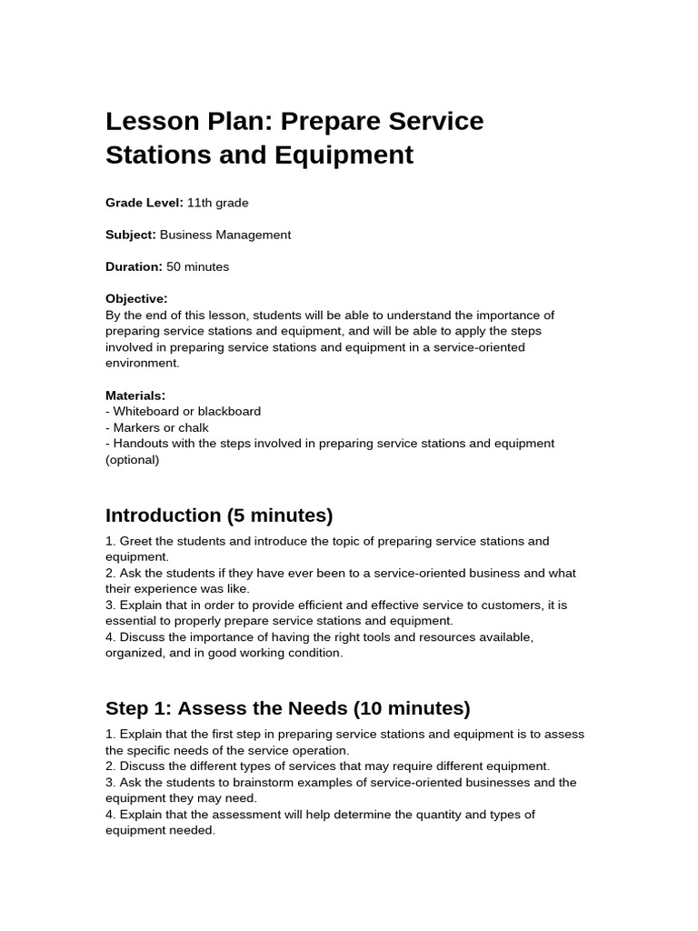 Prepare Service Stations and Equipment - Lesson Plan | PDF