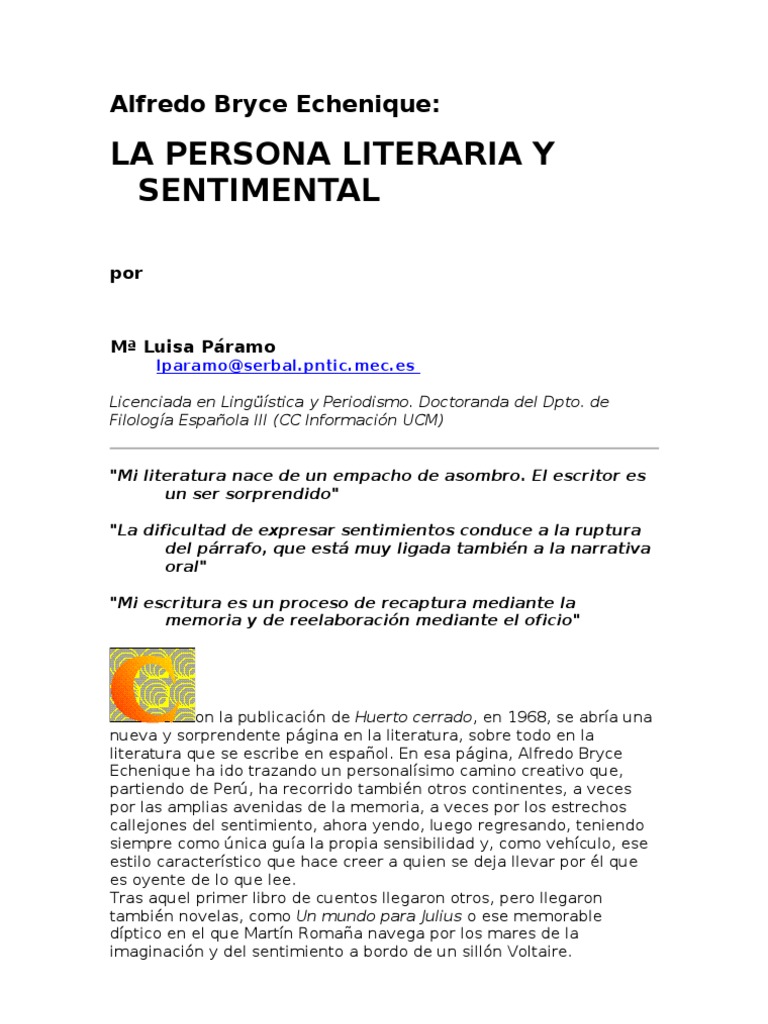 Alfredo Bryce Echenique La Persona Literaria y Sentimental PDF