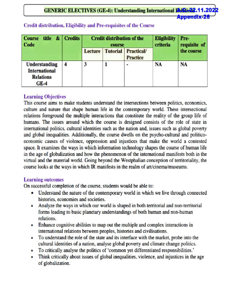 GE - Understanding International Relations - Syllabus | PDF