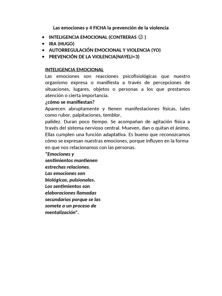 Las Emociones y 4 FICHA La Prevención de La Violencia | PDF | Las ...