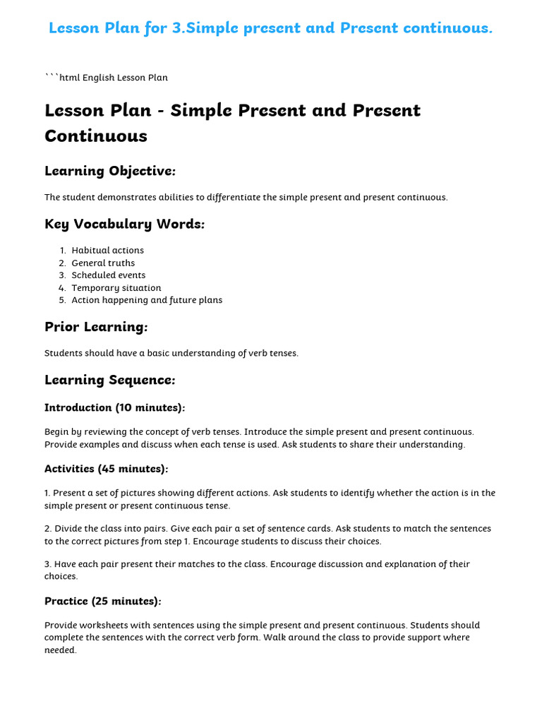 Lesson-Plan 10th Grade 3simple-Present-And-Present-Continuous | PDF ...