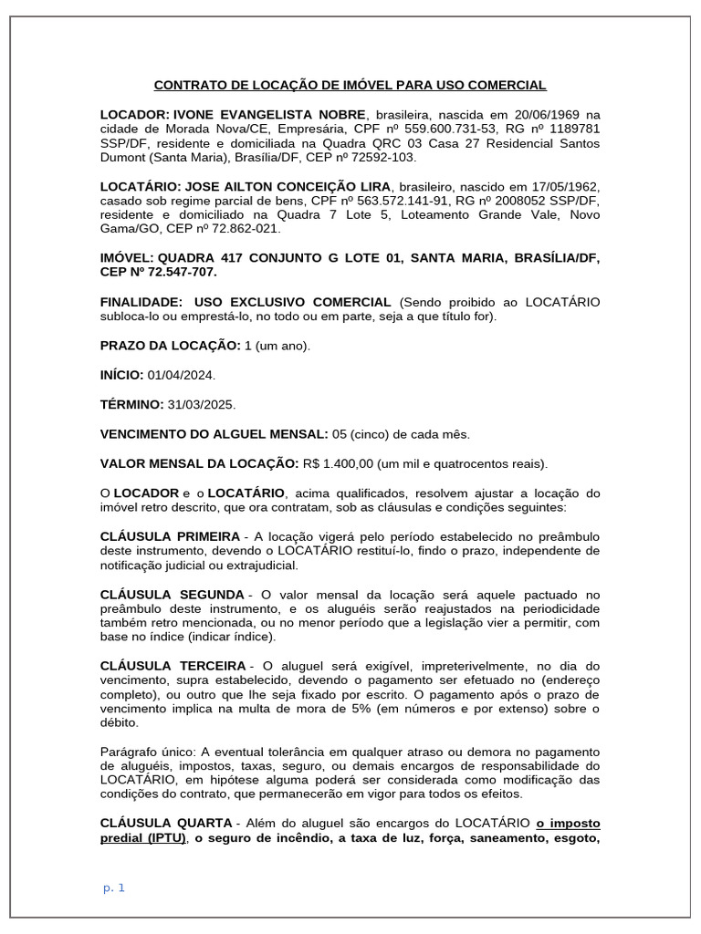 Modelo Contrato de Locação de Imóvel Comercial | PDF