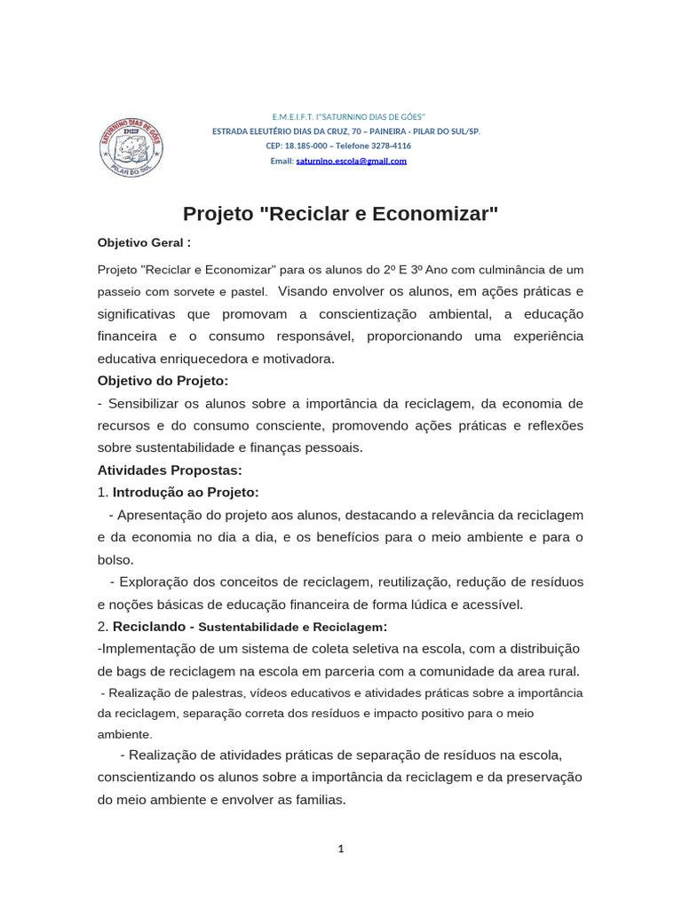 Projeto de Reciclagem e Economia Escolar | PDF | Reciclagem | Desperdício