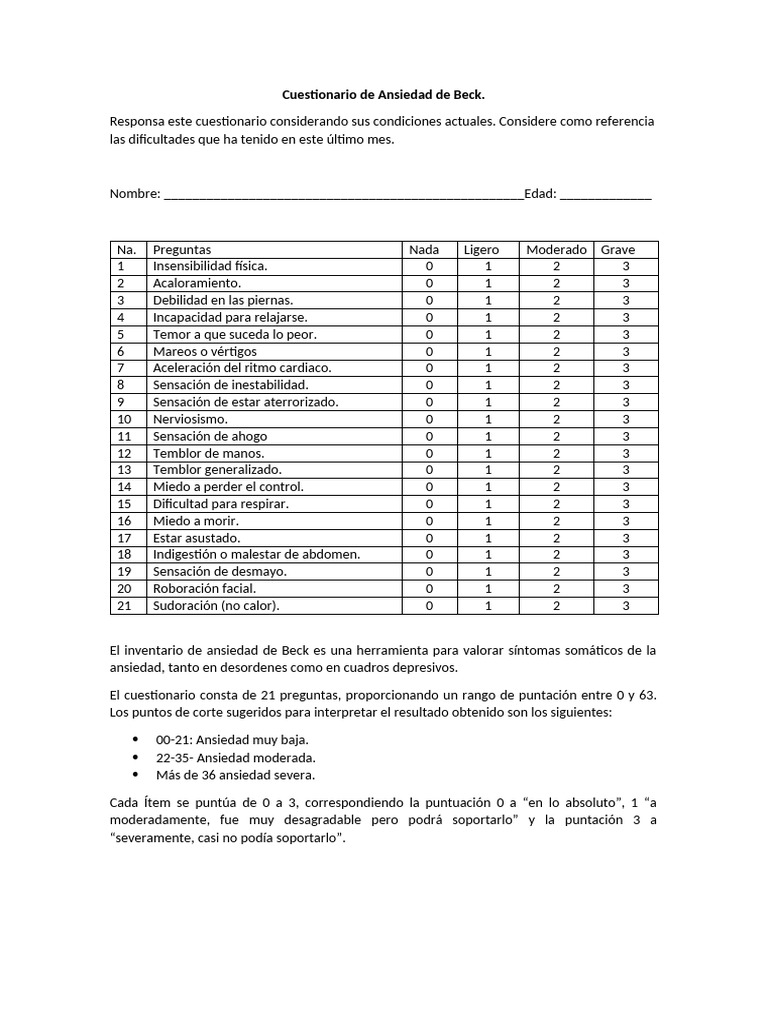 Cuestionario de Ansiedad de Beck | PDF