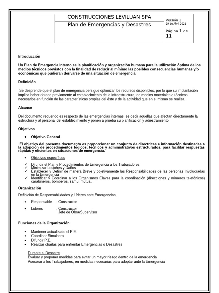 Plan de Emergencias y Desastres V1 | PDF