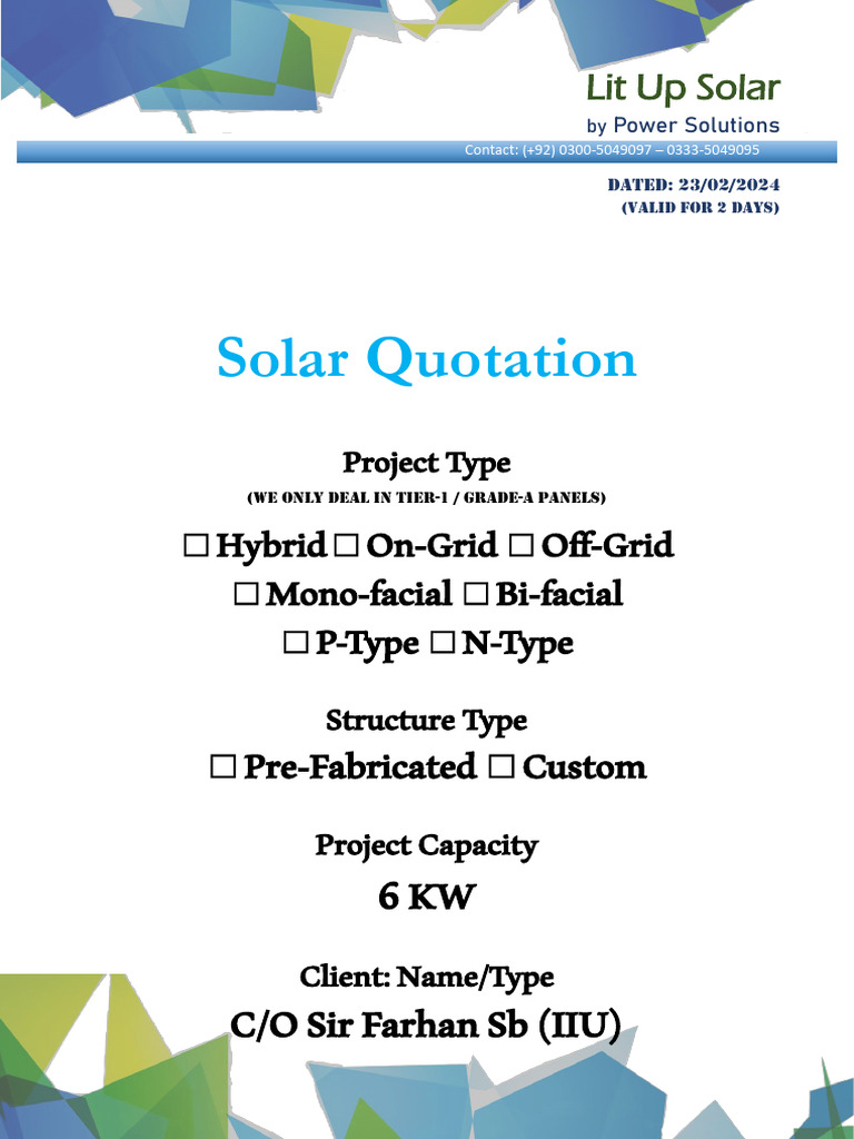 Solar Hybrid Inverter Quote for Farhan Sb | PDF | Solar Panel | Power ...