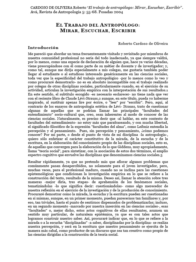 Cardoso de Oliveira R El Trabajo Del Antropologo | PDF