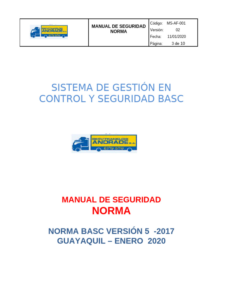 Manual de Seguridad Norma Basc v5-2017 Servitranslogi S.A | PDF