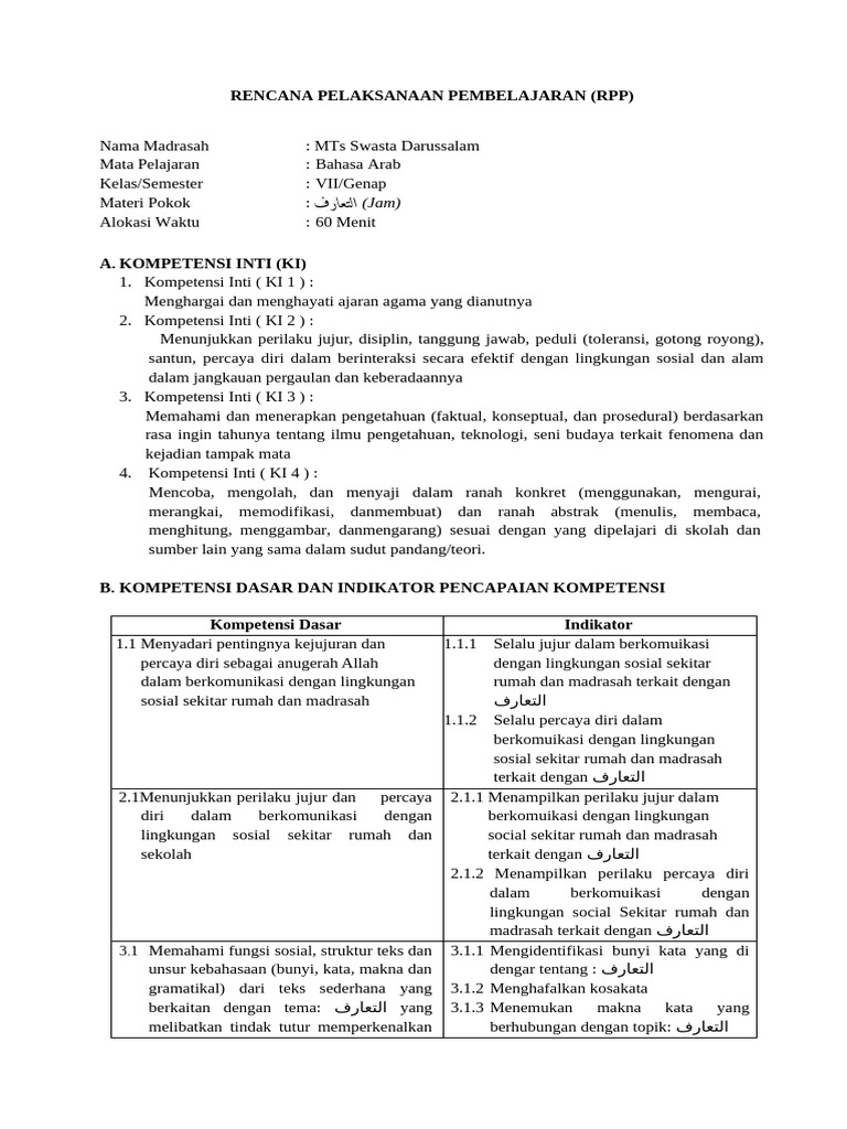 RPP Micro Teaching MTS Darussalam | PDF