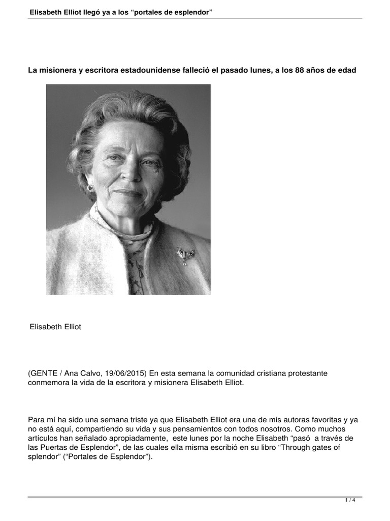 Elisabeth Elliot Llego Ya A Los Portales De Esplendor PDF
