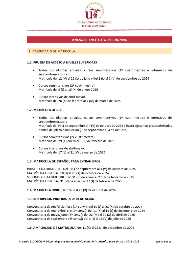 Calendario Academico 2024 25 Instituto de Idiomas | PDF