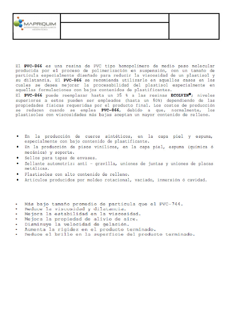 Ficha Técnica de Resina PVC 866 | PDF | Negocios | Informática