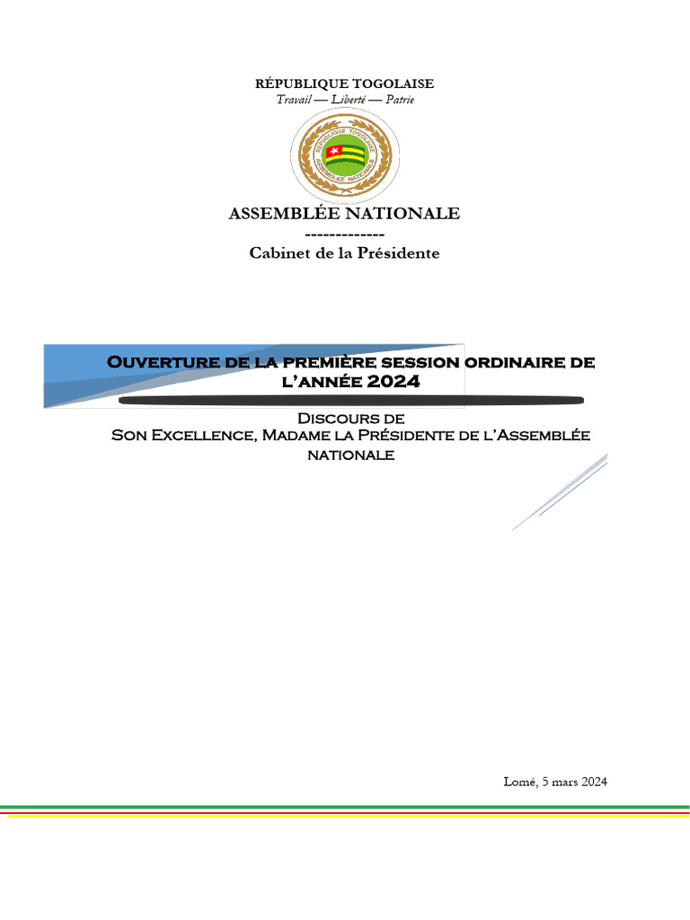 Discours Ouverture de La 1ere Session Ordinaire de Lannee 2024 Final | PDF