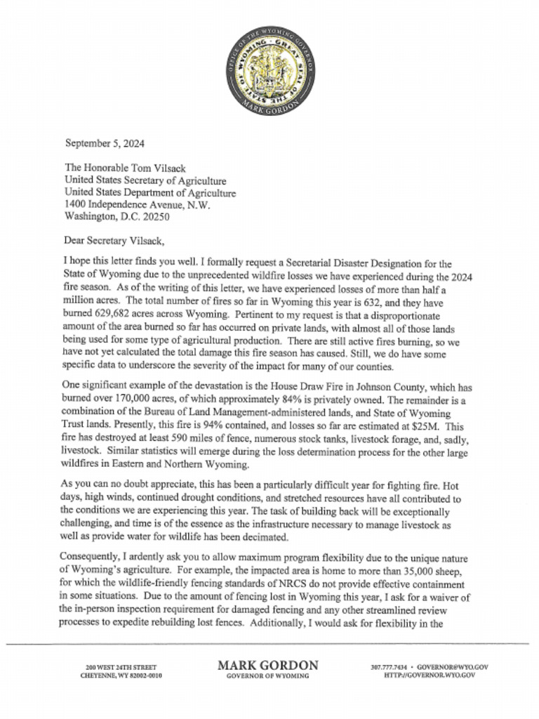Wyoming USDA Secretatial Disaster Declaration Requestion | PDF