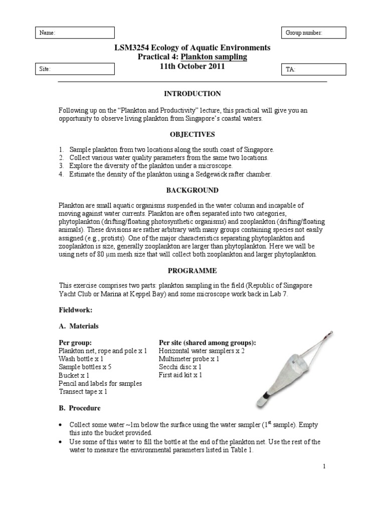 LSM3254 Practical 4 Plankton Sampling, PDF, Plankton