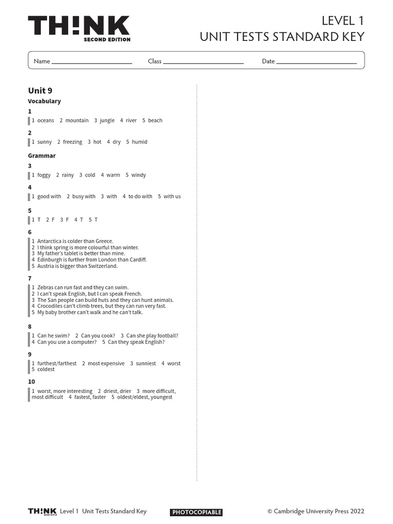 Thk2e BrE L1 Unit Test Standard Answer Key 9 | PDF