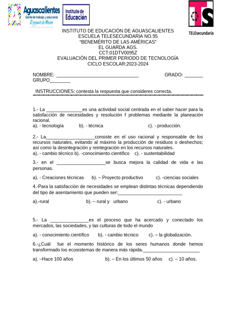 Examen De Tecnologia Primer Periodo Pdf
