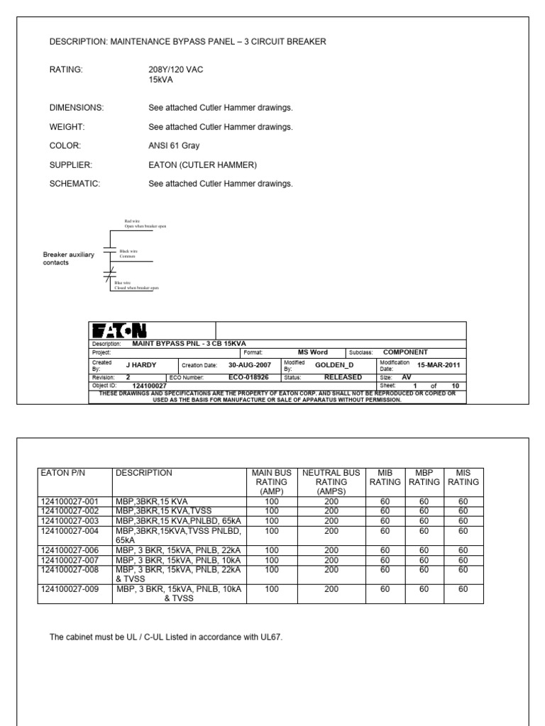 Eaton 9355 15kVA 3 Breaker Maintenance Bypass Panels 124100027 PDF