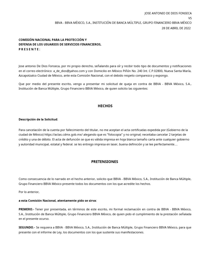 Queja Formato Condusef | PDF