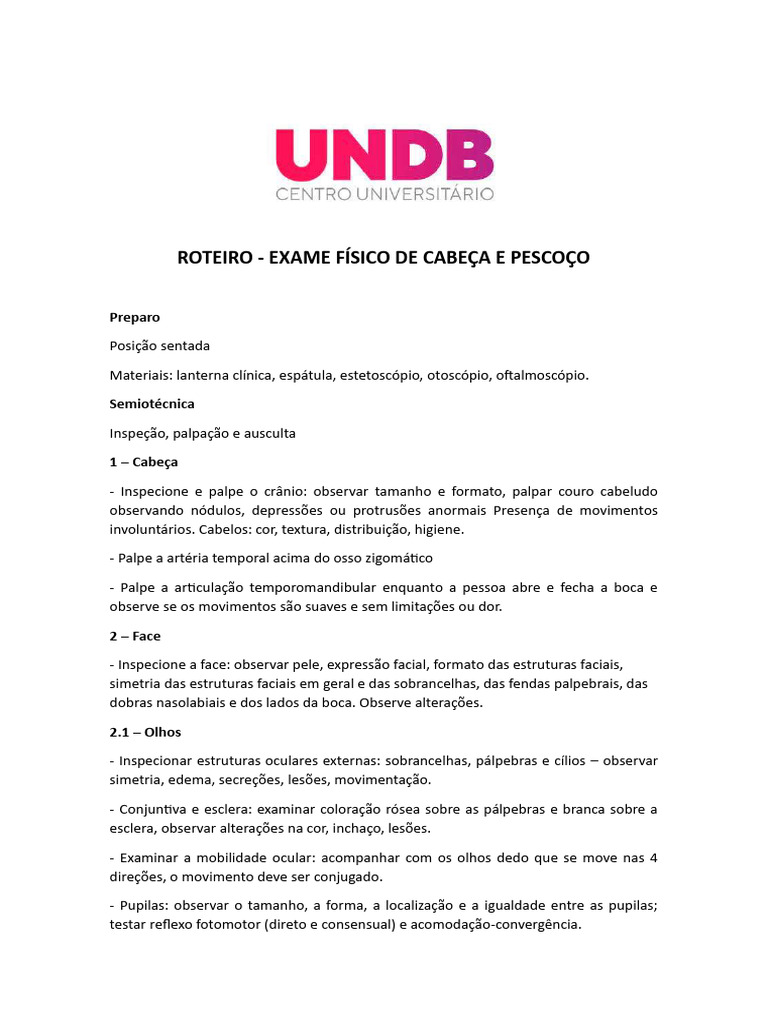 Roteiro Exame Fã Sico Cabeã A e Pescoã o | PDF
