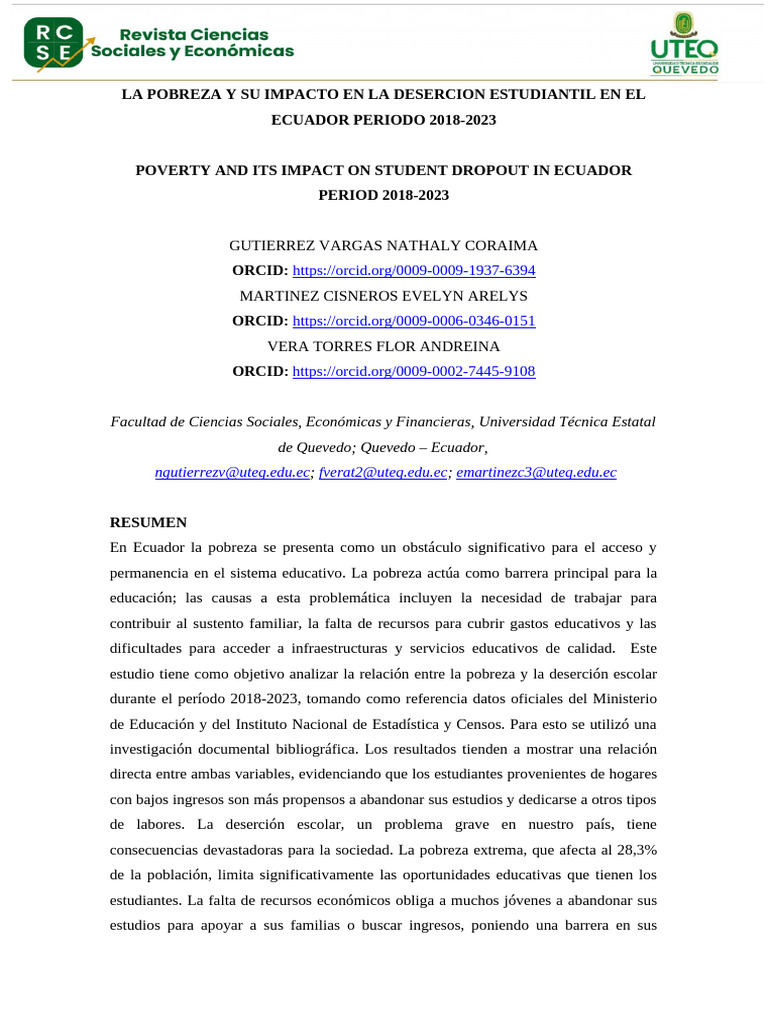 Pobreza y Deserción Escolar en Ecuador | PDF | Pobreza | Ciencias sociales
