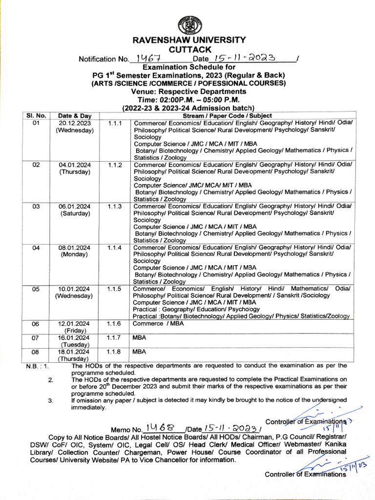 Examination Schedule For Pu 1st3rd Semester RB Exam 2023 | PDF