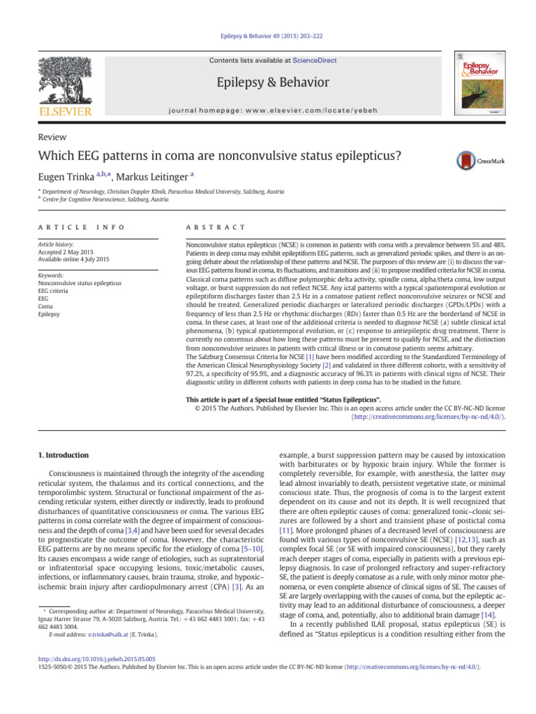 Which EEG Patterns in Coma Are Nonconvulsive Statu | PDF