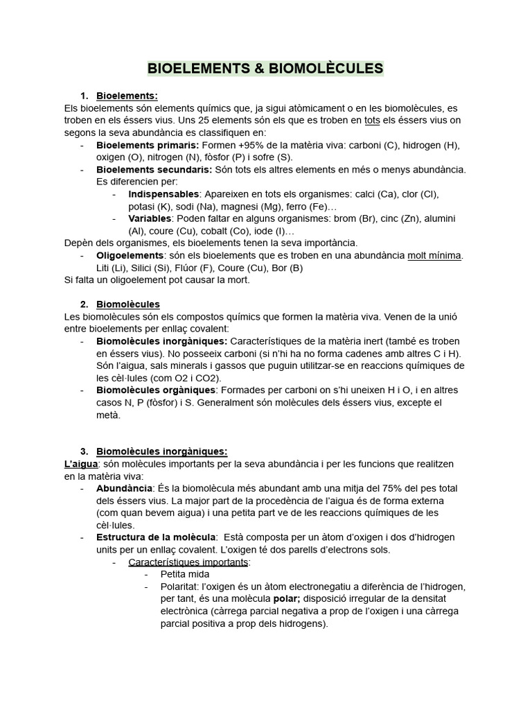 Resum - Bioelements & Biomolècules | PDF