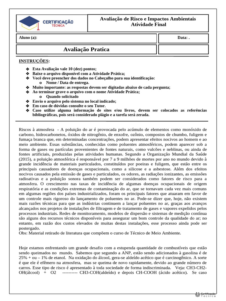 Avaliação de Riscos e Impactos Ambientais Respostas Preenchidas | PDF ...