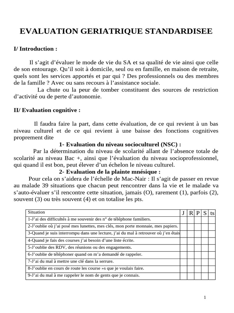 Evaluation Gériatrique Standardisée | PDF