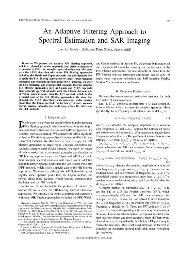 An Adaptive Filtering Approach To Spectral Estimation and SAR Imaging | PDF