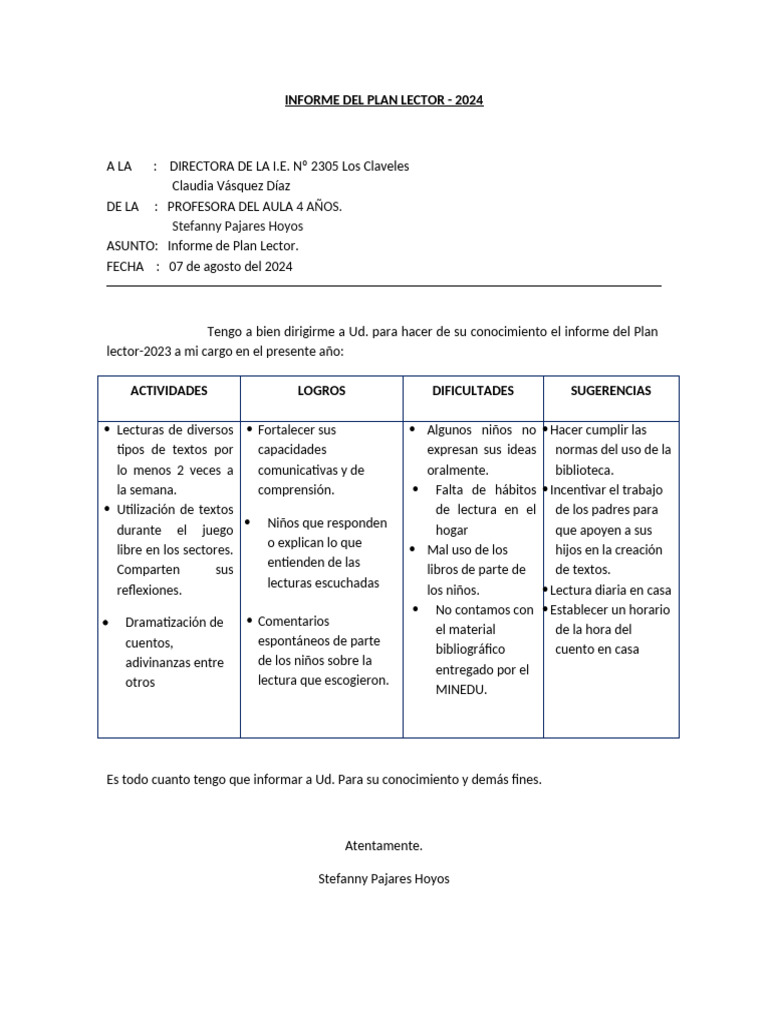 Informe Del Plan Lector Pdf